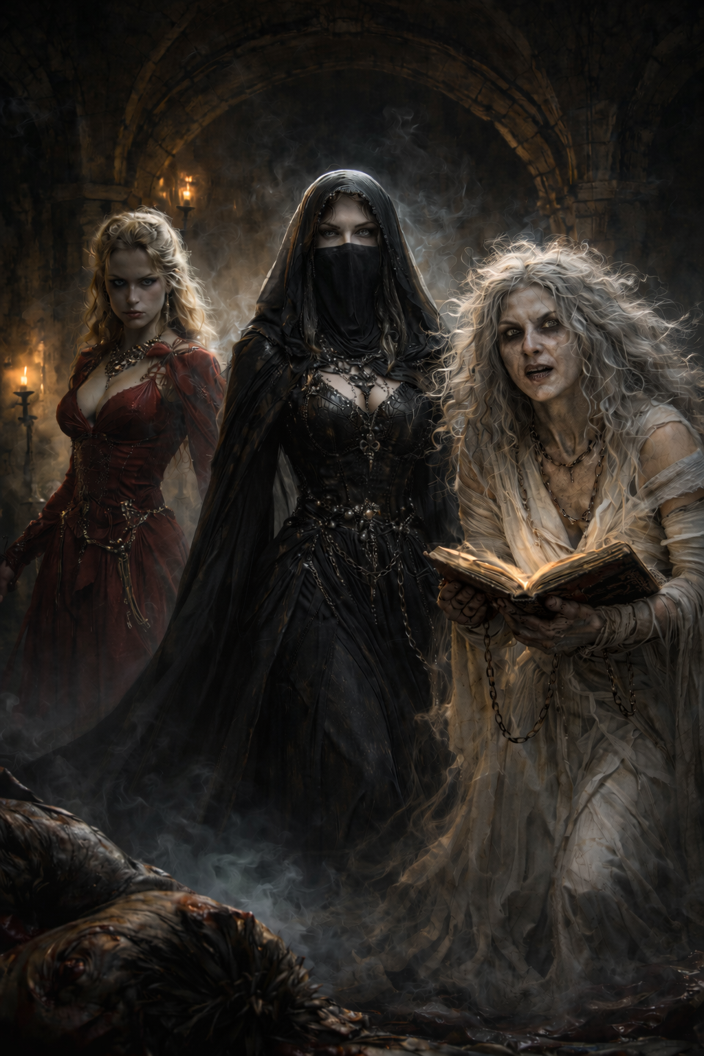 De drie dames (Furies) van de Witte Duif: zwart, rood en wit